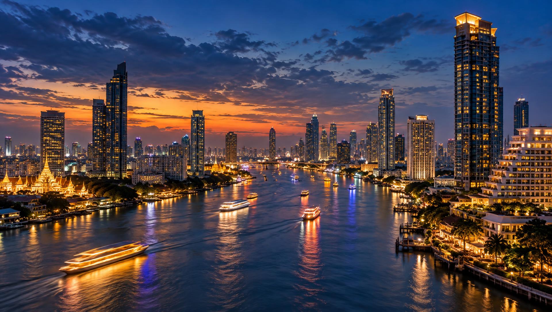 Bangkok skyline and the Chao Phraya River at dusk