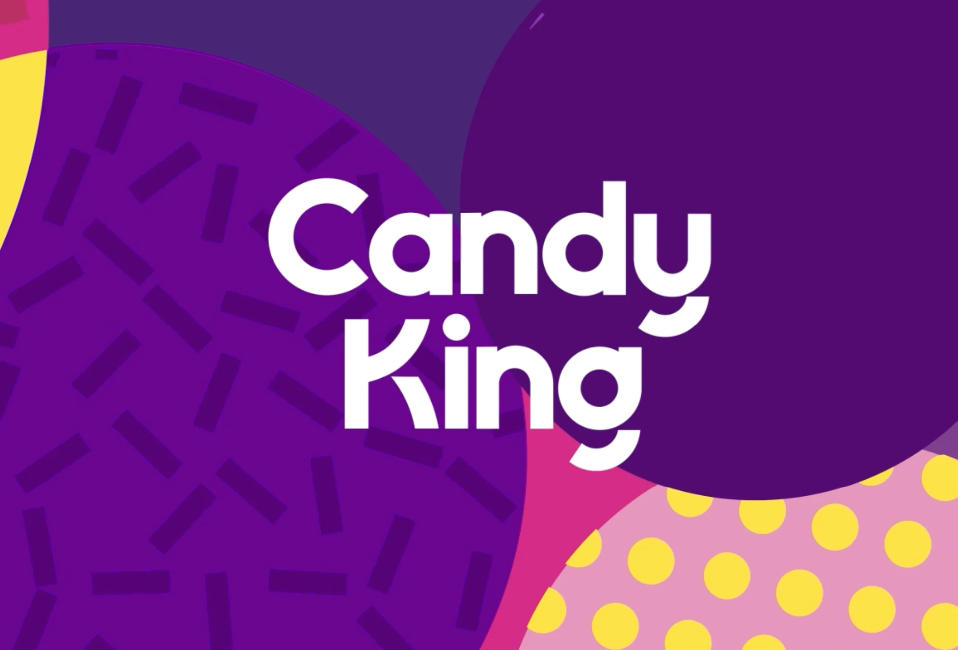 CandyKing-logo i et fargerikt mønster av lilla, rosa og gult