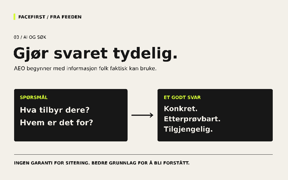 Illustrasjon av konkrete kundespørsmål som besvares med tydelig, etterprøvbar og tilgjengelig informasjon.